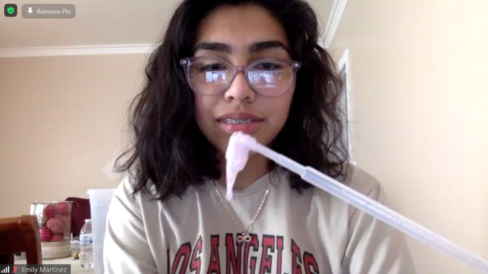 Emily Martinez marvels at the sight of the strawberry DNA extracted.